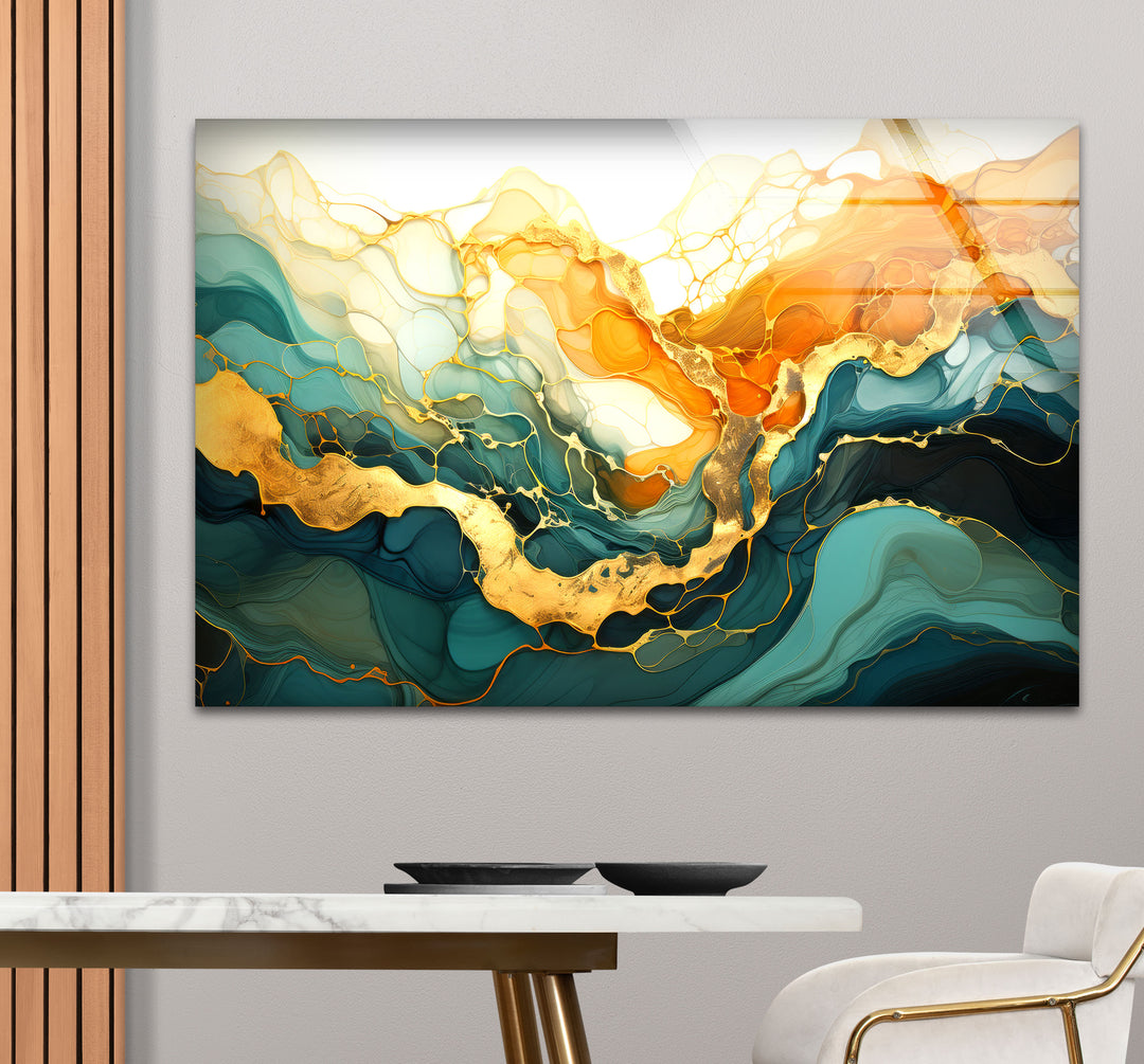 Golden Horizon Abstract Wall Art – Emerald & Gold Tempered Glass Print