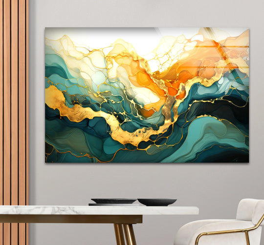 Abstract emerald and gold tempered glass print featuring swirling waves and golden veins, a unique modern wall decor.