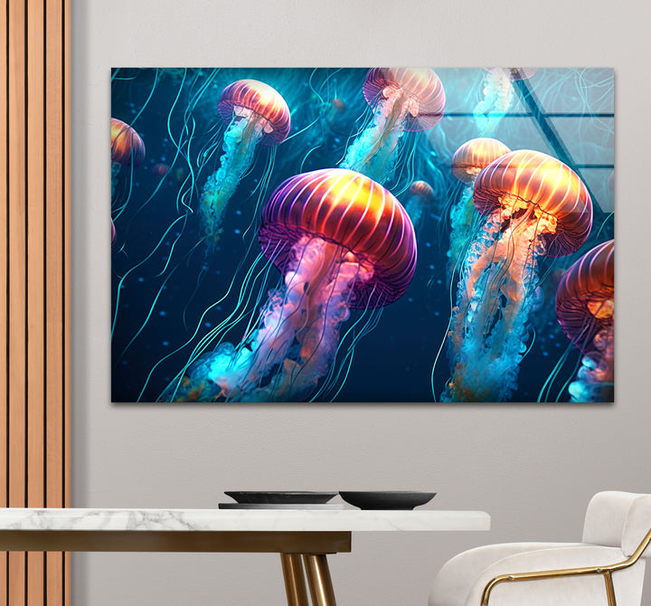 Leuchtende Quallen-Wandkunst – Unterwasser-Ozeanszene-Glasdruck