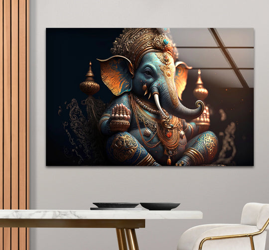 Against the dark backdrop, the regal Ganesha Hindu deity image is a beautiful print wall art piece that exudes luxuriousness.