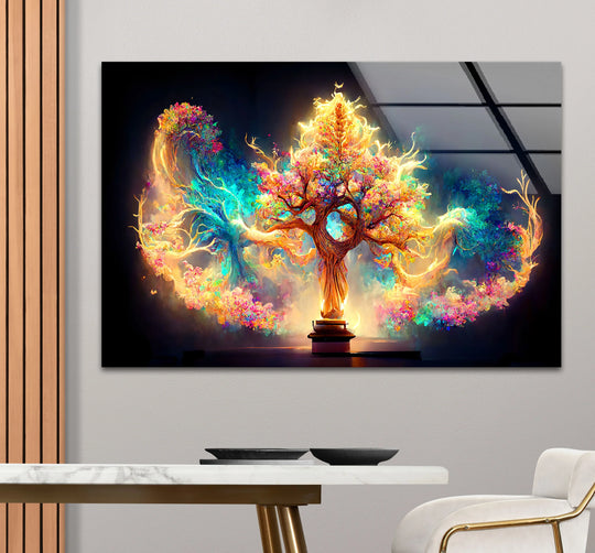 Dominant gold and amber hues illuminate this fantasy tree of life decorative wall art, a radiant magical glow glass print design that enchants with its vibrant colors.
