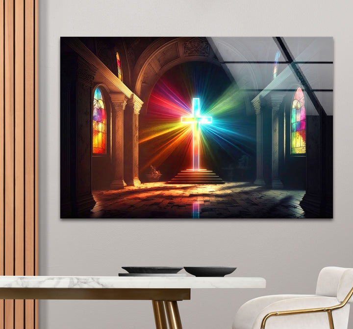 Radiant Cross Wall Art – Colorful Light Burst Christian Glass Print