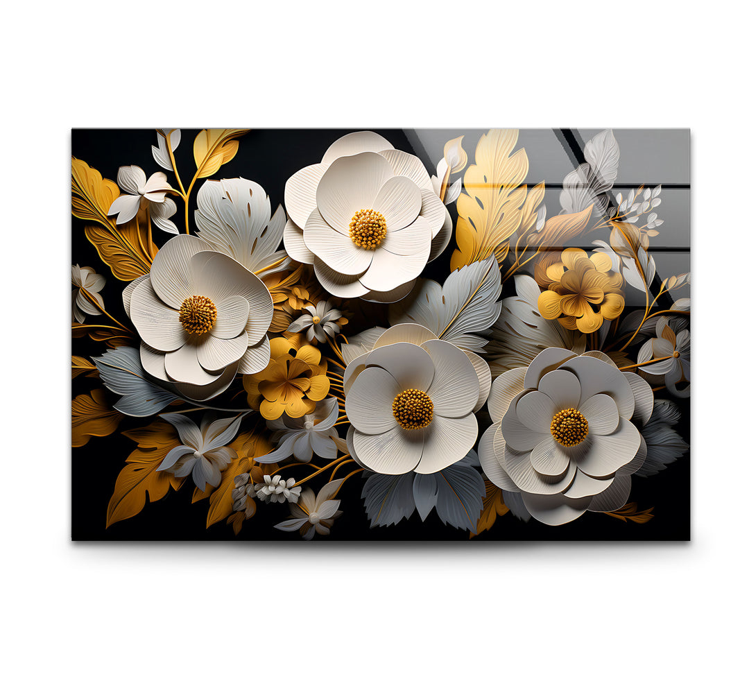 Luxuriöse florale Glaswandkunst – Gold- und weißes 3D-Blumendesign 