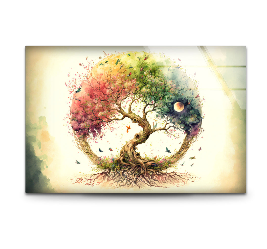 Regenbogen-Baum des Lebens Wandkunst – Wunderliches Aquarell-Glasdruck-Design