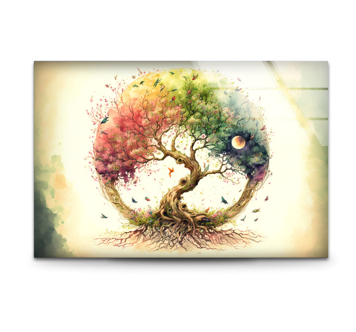 Regenbogen-Baum des Lebens Wandkunst – Wunderliches Aquarell-Glasdruck-Design