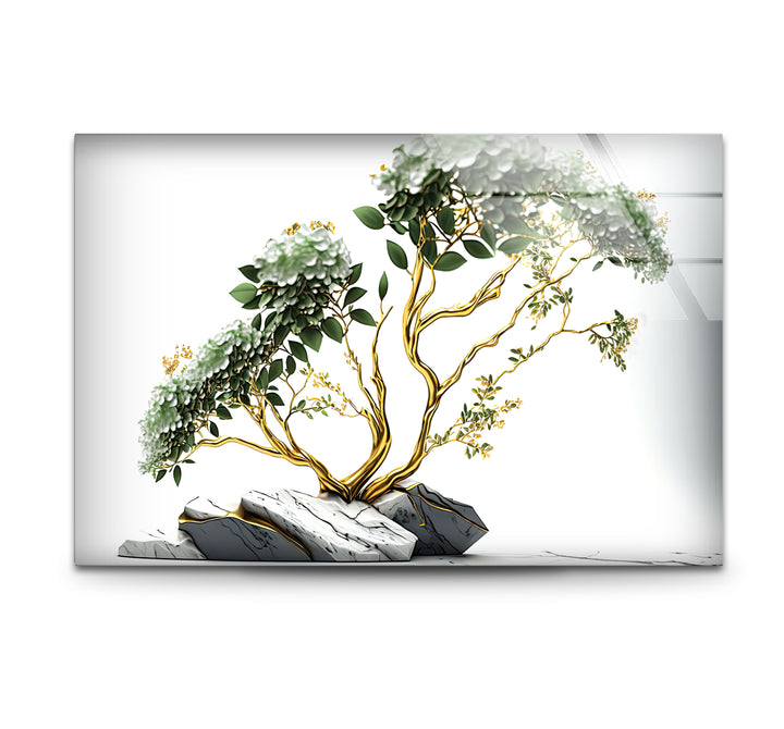 Goldene Bonsai-Baum-Wandkunst – Weißer Blumenglasdruck mit Marmorsteinen