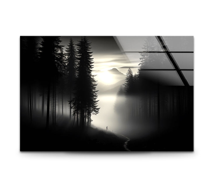 Foggy Forest Black and White Wall Art – Minimalist Glass Print Decor