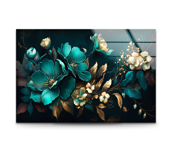 Blaugrüne und goldene florale Wandkunst – Luxuriöses botanisches Glasdruckdesign