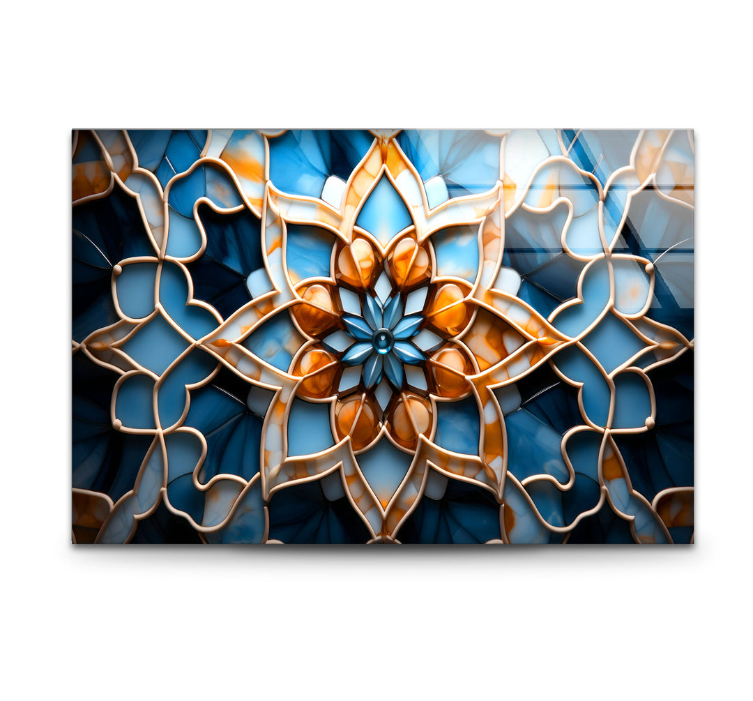 Blue & Amber Geometric Wall Art – Islamic Mandala Glass Print for Modern Interiors
