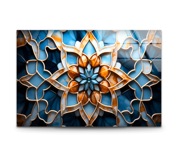 Blue & Amber Geometric Wall Art – Islamic Mandala Glass Print for Modern Interiors