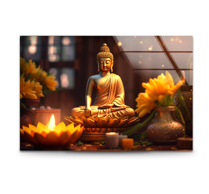Golden Buddha Serenity Wall Art – Peaceful Candlelit Meditation Glass Print