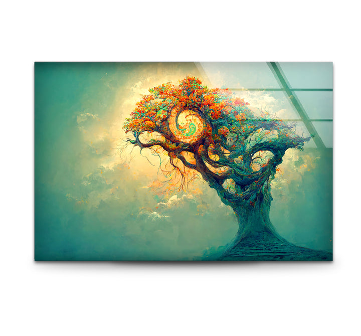 Spiralbaum-Wandkunst – Mystisches Fantasy-Lebensbaum-Glasdruck-Design