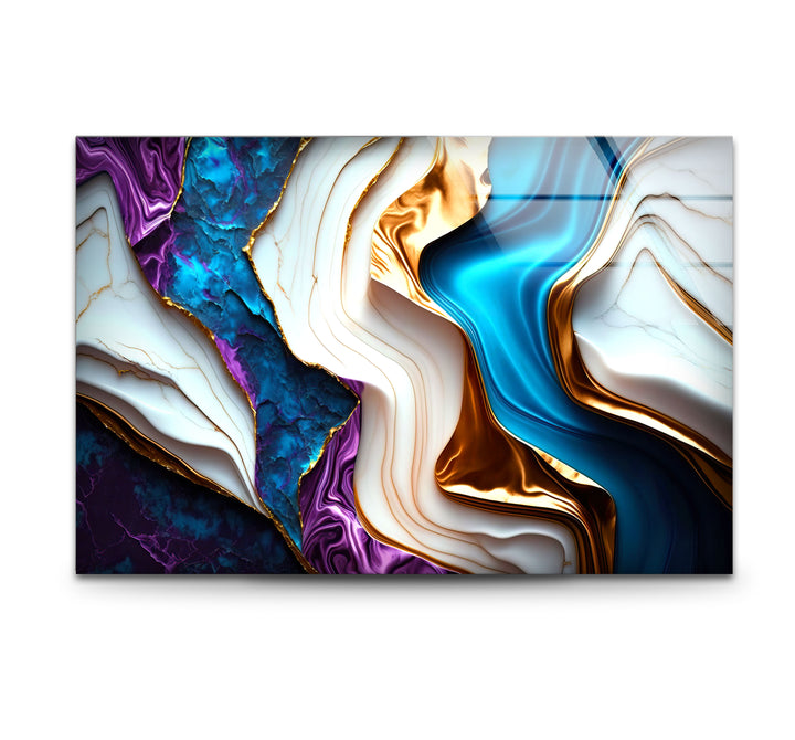 Colorful Marble Abstract Wall Art – Blue, Purple & Gold Glass Print Design