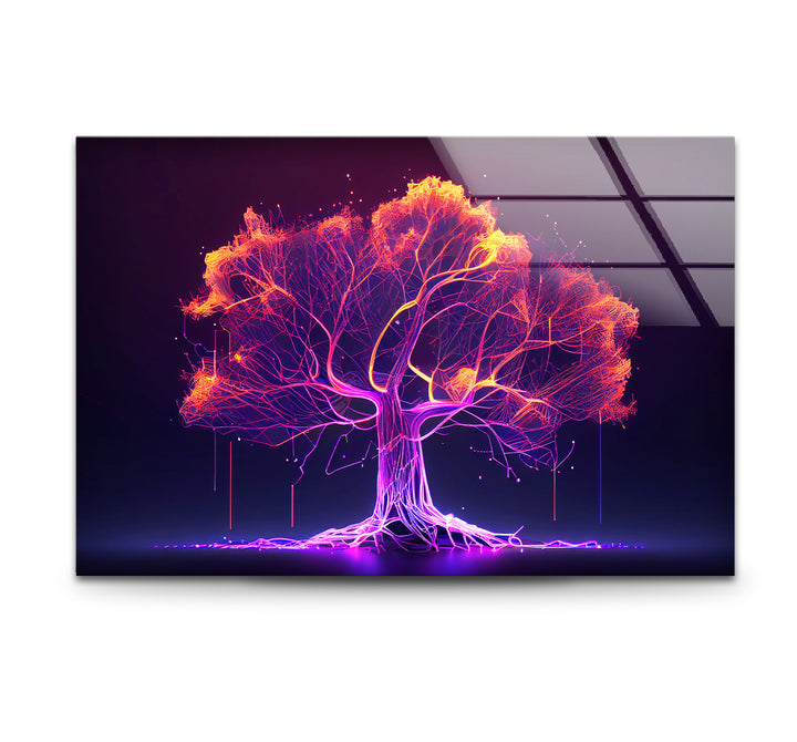 Neon Digital Tree Wandkunst – Futuristischer leuchtender Lichtnetzwerk-Glasdruck