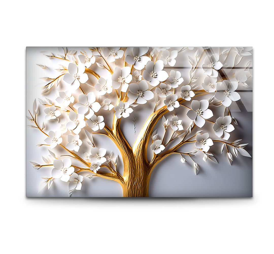 Golden Blooming Tree Wandkunst – Weißer Blumenglasdruck für elegantes Dekor