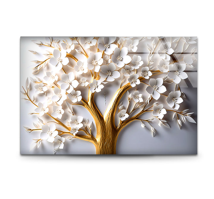 Golden Blooming Tree Wandkunst – Weißer Blumenglasdruck für elegantes Dekor