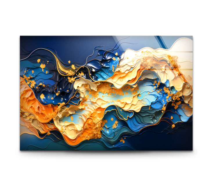 Blue Gold Abstract Wave Wall Art – Modern Fluid Glass Print for Interior Elegance