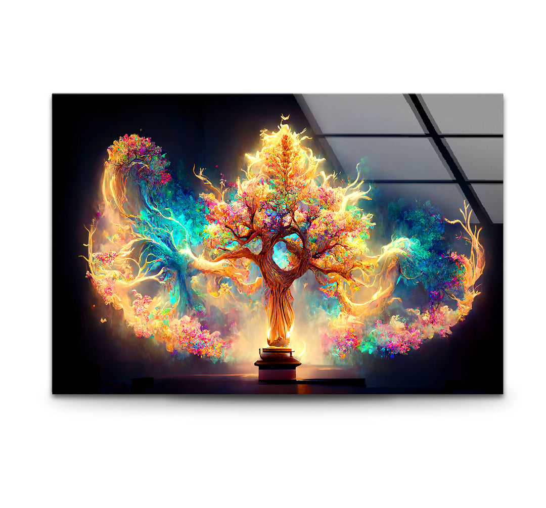 Fantasy-Baum des Lebens Wandkunst – Strahlendes, magisch leuchtendes Glasdruck-Design