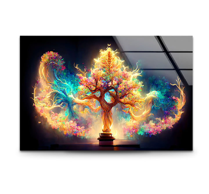 Fantasy-Baum des Lebens Wandkunst – Strahlendes, magisch leuchtendes Glasdruck-Design