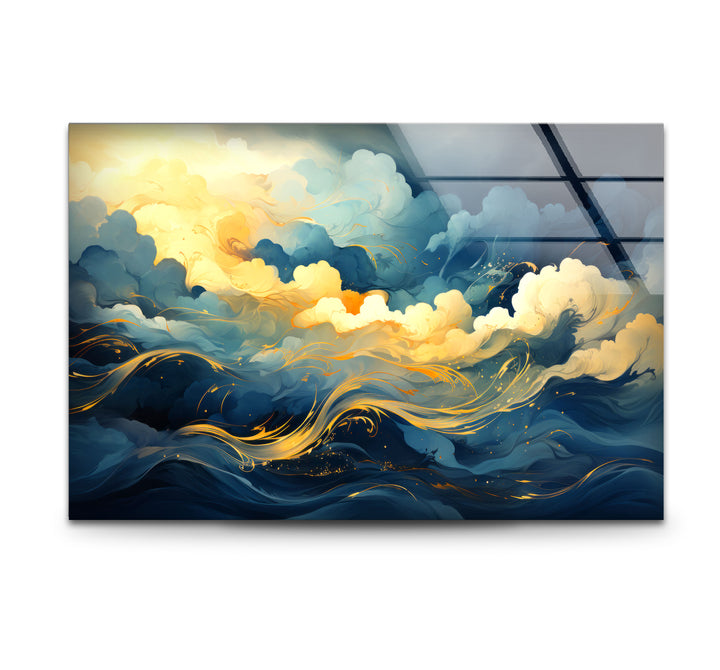 Goldener Himmel &amp; Meereswellen Wandkunst – Abstrakter Glasdruck von Dreamy Horizon 