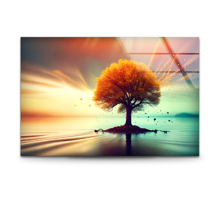 Schwebende Herbstbaum-Wandkunst – Ruhiges Landschafts-Glasdruck-Design