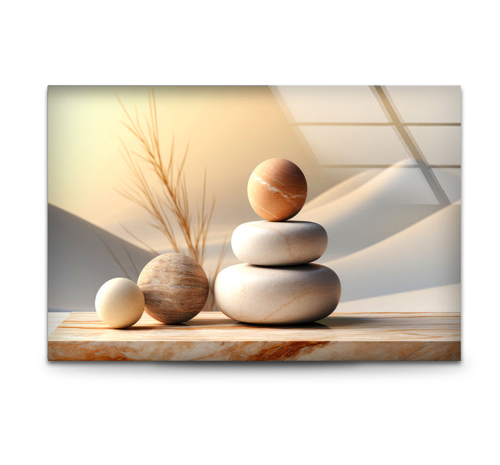 Zen Balance Glaswandkunst – Minimalistische Steinskulptur im Wüstenlicht 