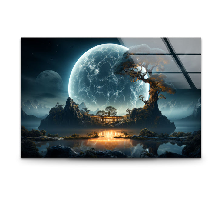 Moonlit Zen Temple Wall Art – Futuristic Landscape Glass Print