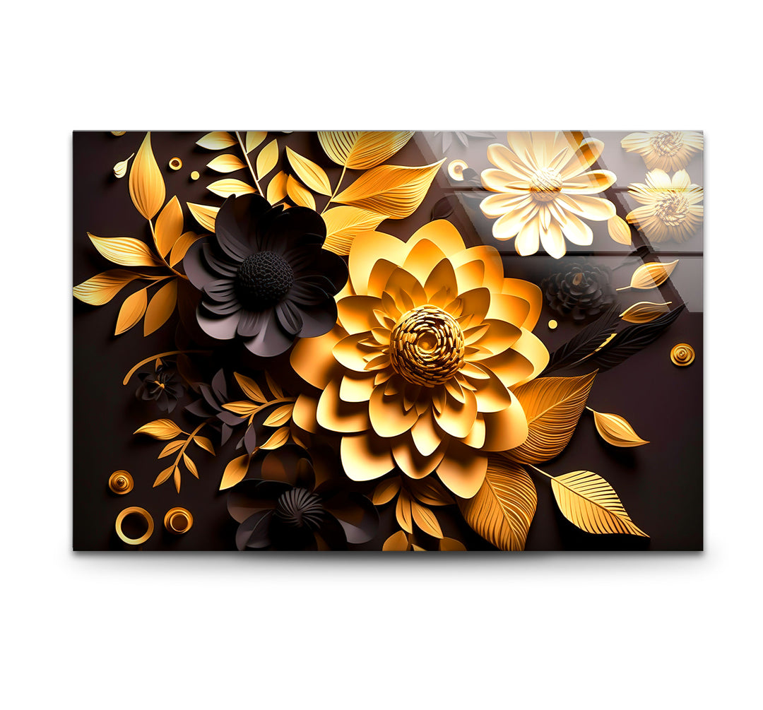 Golden Bloom Florale Wandkunst – Dekor aus gehärtetem Glas in Schwarz und Gold