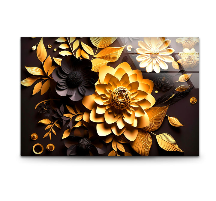 Golden Bloom Florale Wandkunst – Dekor aus gehärtetem Glas in Schwarz und Gold