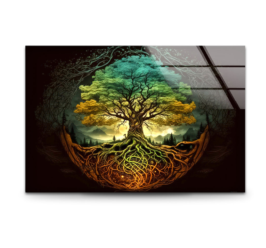 Wandkunst „Baum des Lebens“ – Lebendige Wurzeln und Waldenergie-Glasdruckdesign