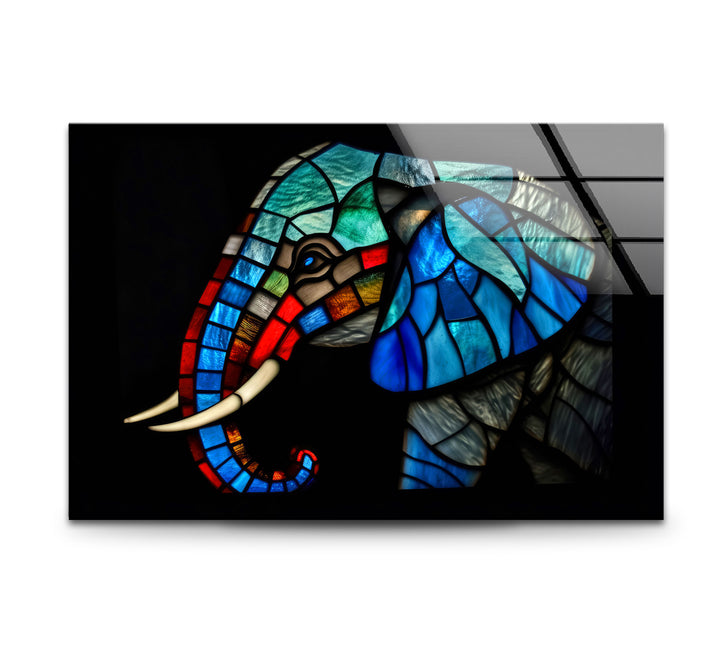 Blaue Elefanten-Wandkunst aus Buntglas – Farbenfrohes Tier-Glasdruck-Design