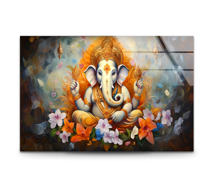 Sacred Ganesha Wall Art – Divine Floral Hindu Decor Glass Print