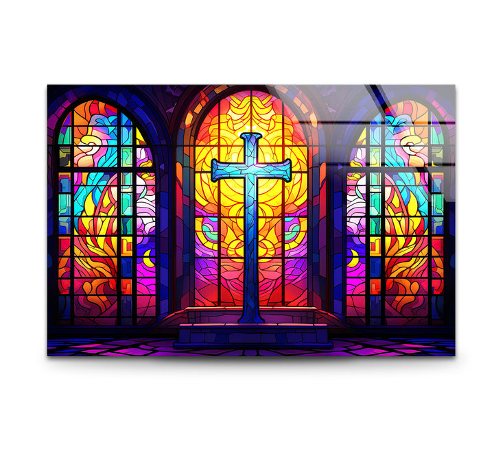 Stained Glass Church Cross Wall Art – Colorful Christian Glass Print Design