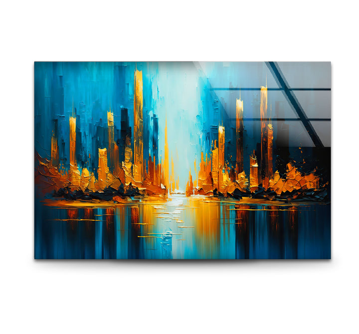 Blue and Gold Abstract City Wall Art – Vibrant Skyline Glass Print