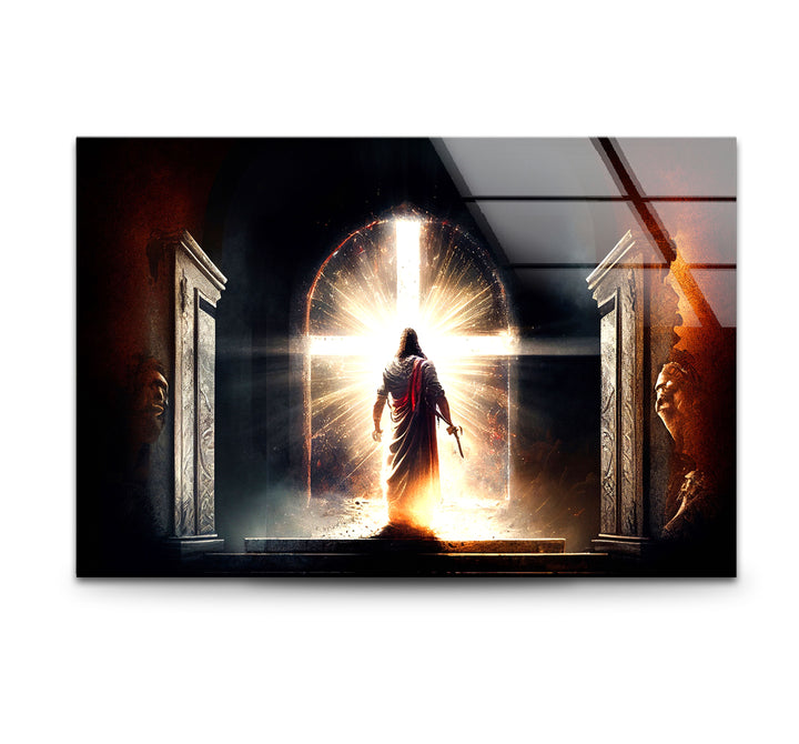 Jesus steht vor dem strahlenden Kreuz – Christlicher Wandbild-Glasdruck
