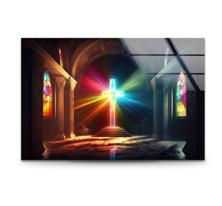 Radiant Cross Wall Art – Colorful Light Burst Christian Glass Print