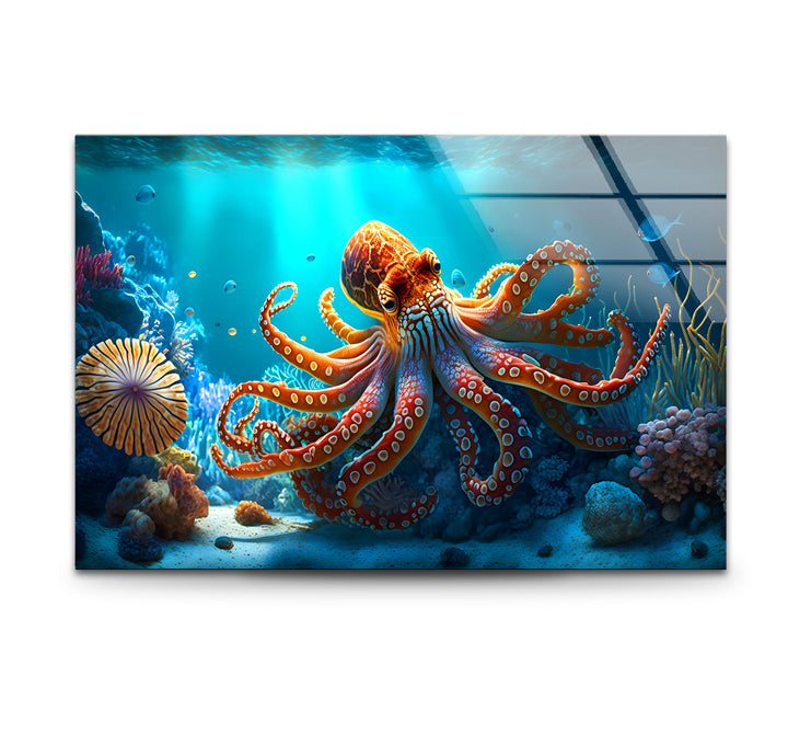Octopus Underwater Wall Art – Vibrant Coral Reef Ocean Scene Glass Print
