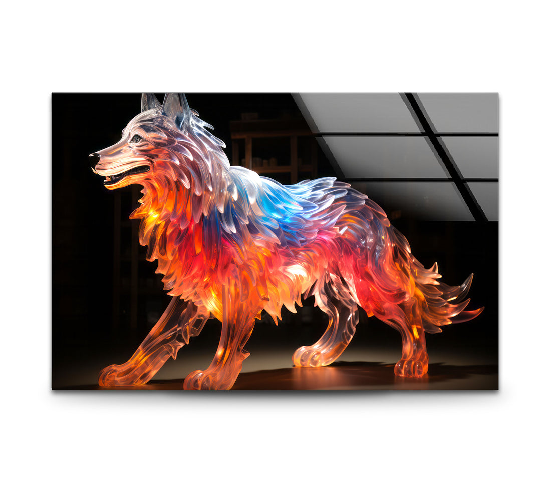 Glowing Wolf Wall Art – Abstract Fiery Glass Sculpture Print Design