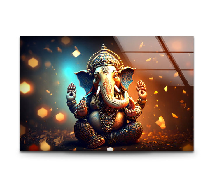 Golden Lord Ganesha Wall Art – Spiritual Glass Print for Sacred Decor