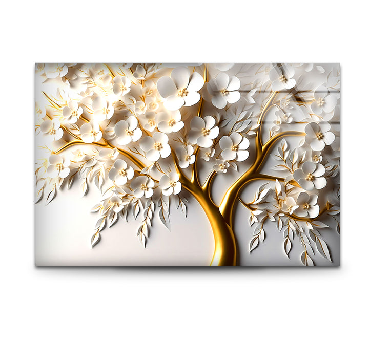 Golden Blossom Tree Wandkunst – Weißes Blumenglaskunstwerk für elegantes Dekor