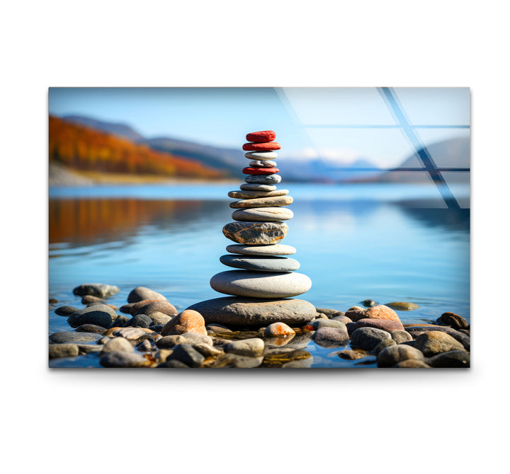 Stacked Stones Glass Wall Art – Tranquil Lake Balance Scene