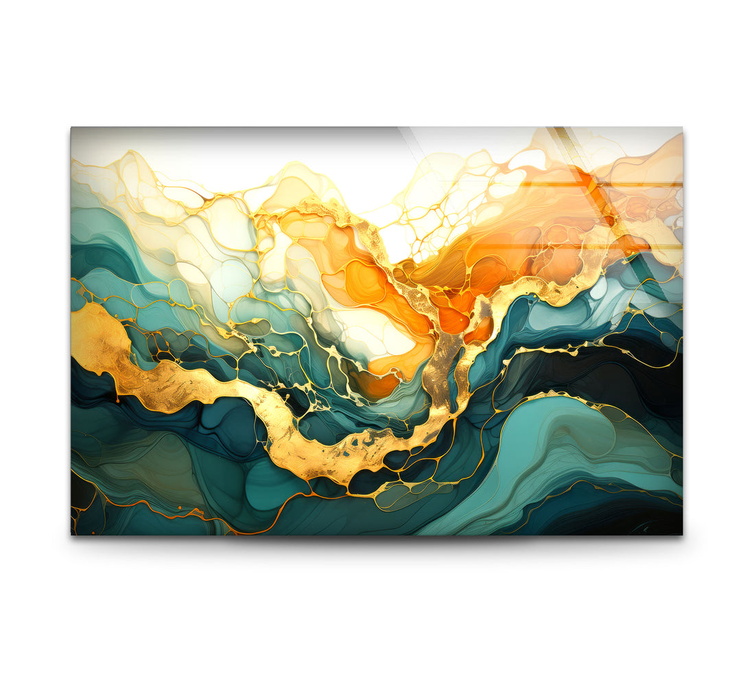 Golden Horizon Abstract Wall Art – Emerald & Gold Tempered Glass Print
