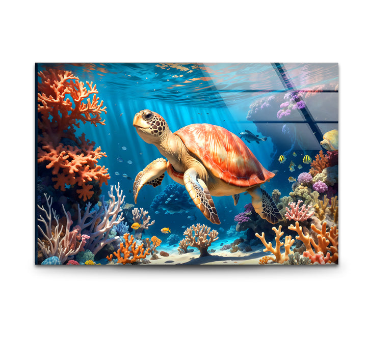 Sea Turtle Underwater Wall Art – Coral Reef Ocean Scene Glass Print