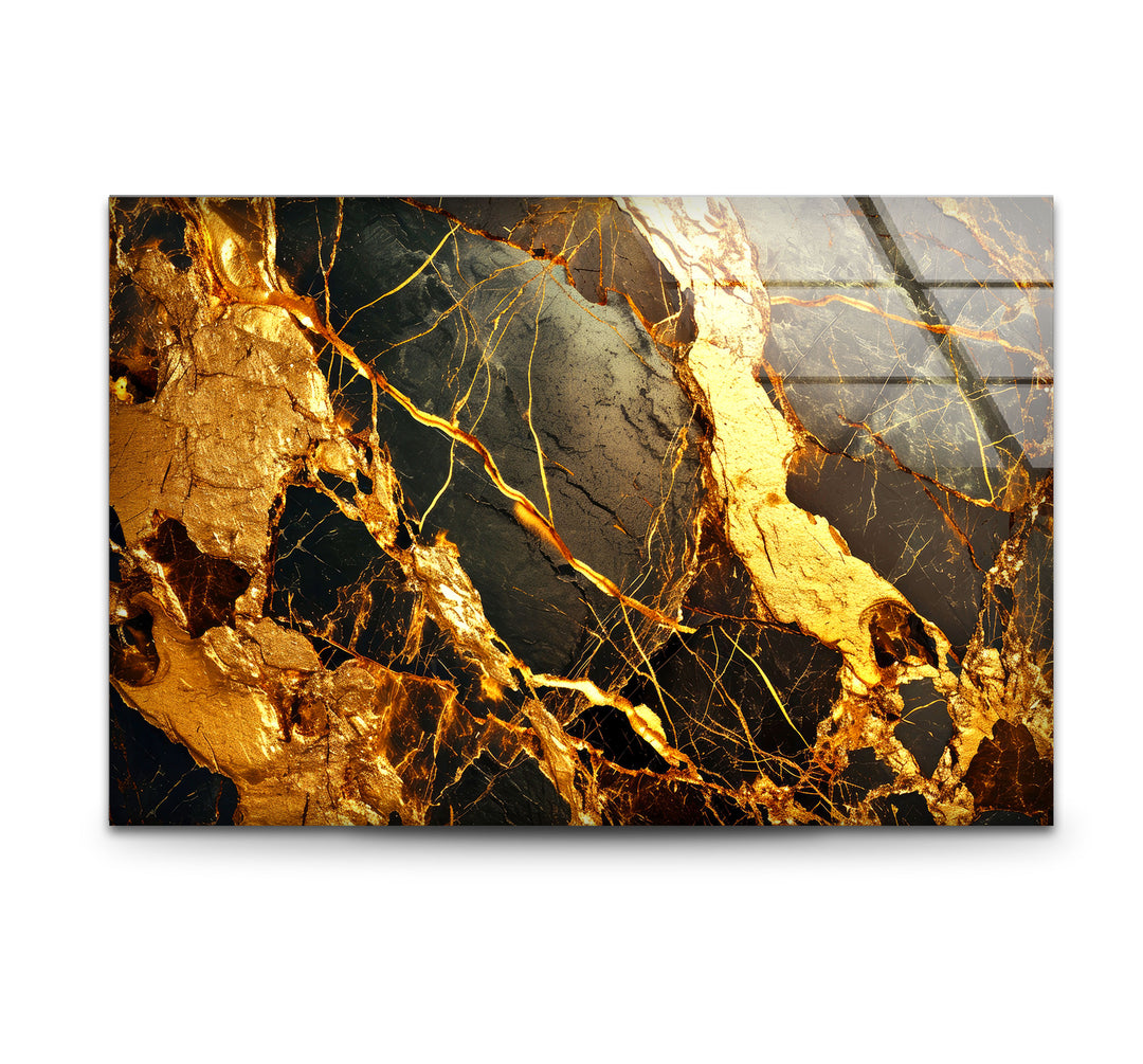 Gold Marble Abstract Wall Art – Luxury Black and Gold Glass Print Design