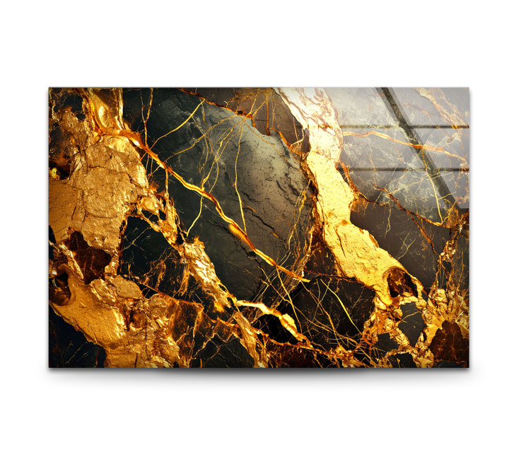 Gold Marble Abstract Wall Art – Luxury Black and Gold Glass Print Design