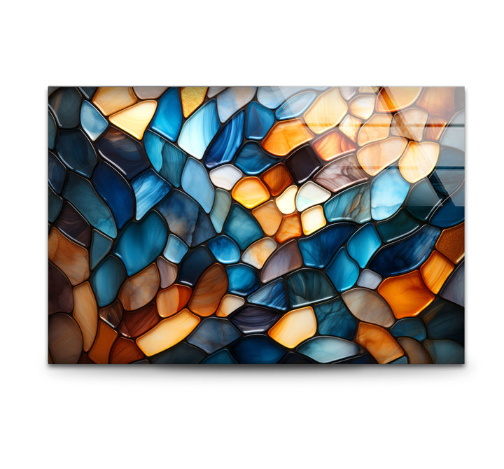 Wandbild mit Buntglasmuster – Abstrakter blauer und bernsteinfarbener Glasdruck 