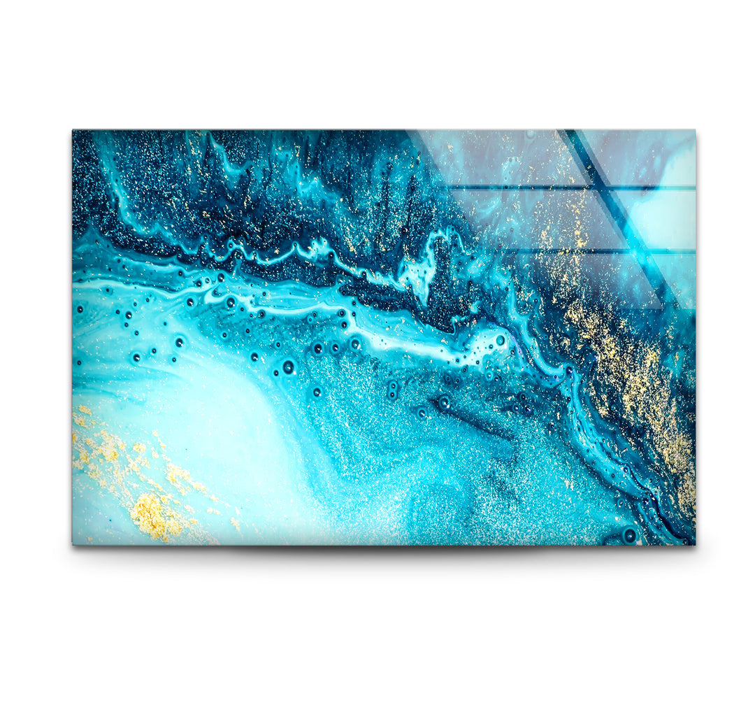 Blue and Gold Abstract Wall Art – Ocean-Inspired Glass Print Design