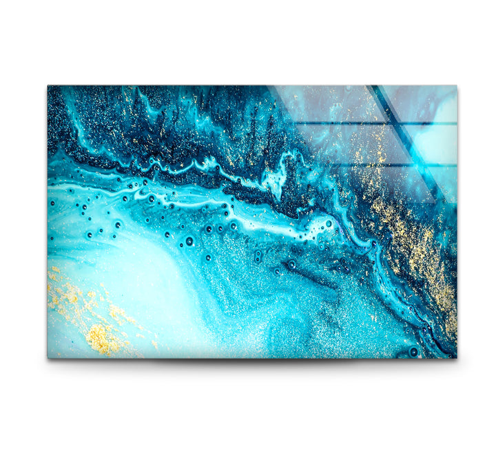 Blue and Gold Abstract Wall Art – Ocean-Inspired Glass Print Design