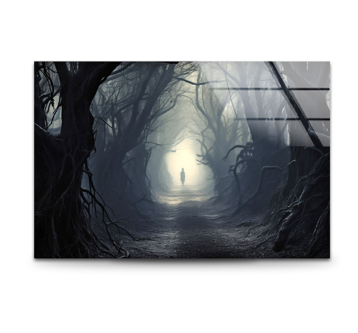 Geheimnisvoller Waldweg Wandkunst – Dunkler Fantasy-Glasdruck für die Inneneinrichtung 