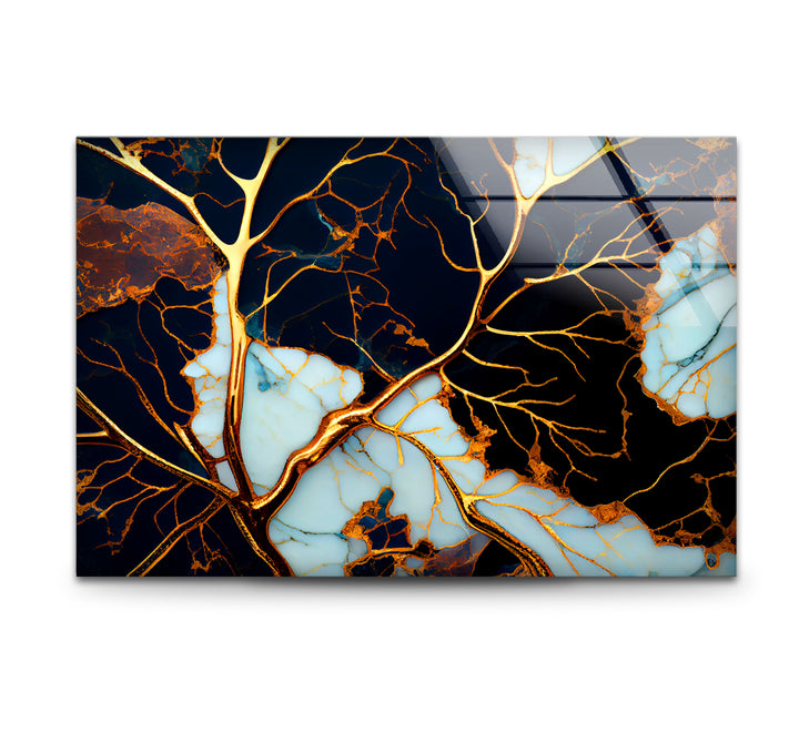 Electric Veins Abstrakte Wandkunst – Goldmarmor-inspirierter Glasdruck